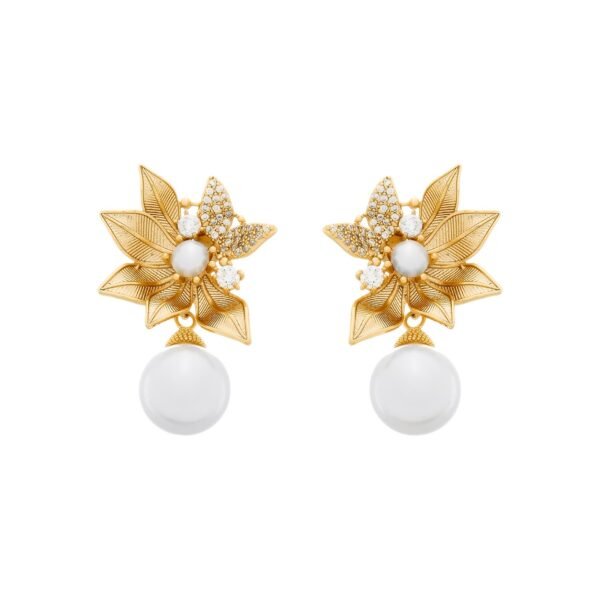 Brinco Folhas e Pérolas 24k